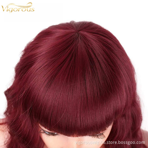 Vigorous wholesale cheap short wave burgundy color glueless synthetic hair wigs cosplay with bangs for black white women  hair